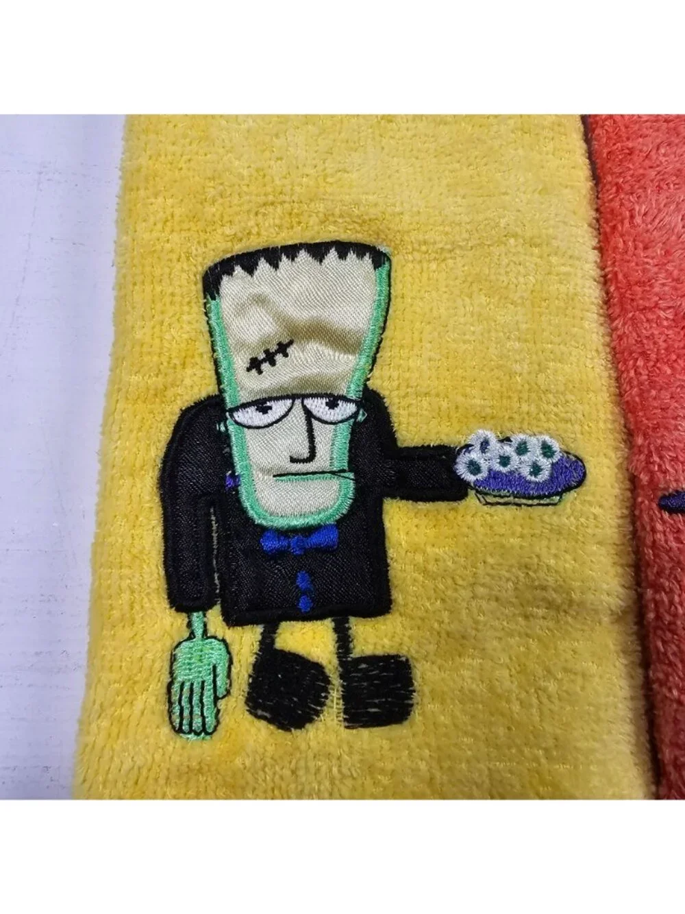 Set of 4 Vintage Halloween Hand Towels Embroidered Frankenstein Dracula Spider